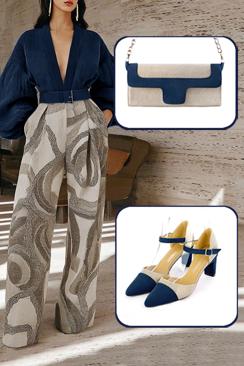 Women's navy blue and gold elegant closed-back heels, with an instep strap. Tapered toe. Medium comma heels - Worn view
